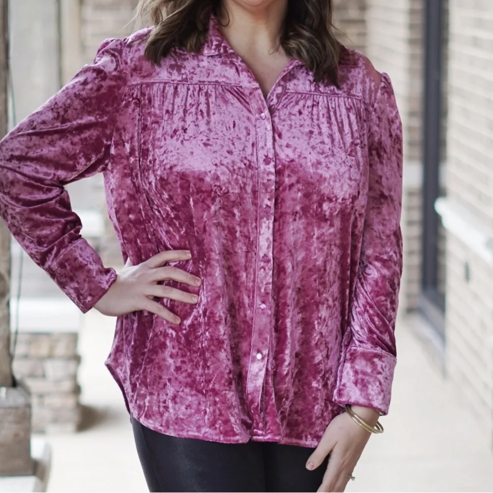 Bibi Crushed Velvet Pink Button Down